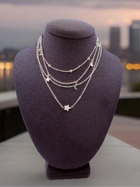 Set Of 2 Silver Tone Star And Moon Dangle Necklaces Multi Layer Stackable 14-15”